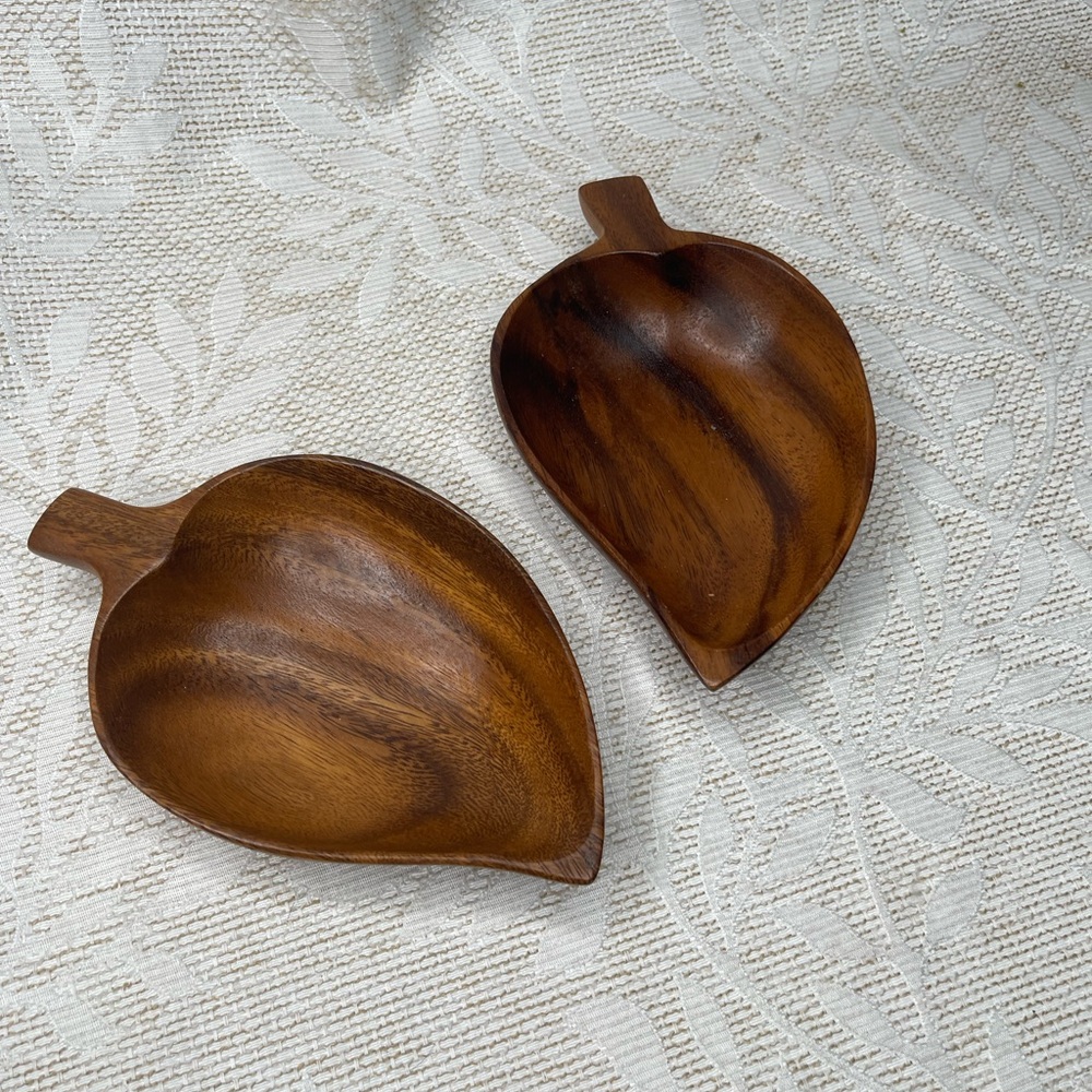 Vintage Two Monkey Pod Wood Leaf Bowl Tray MCM